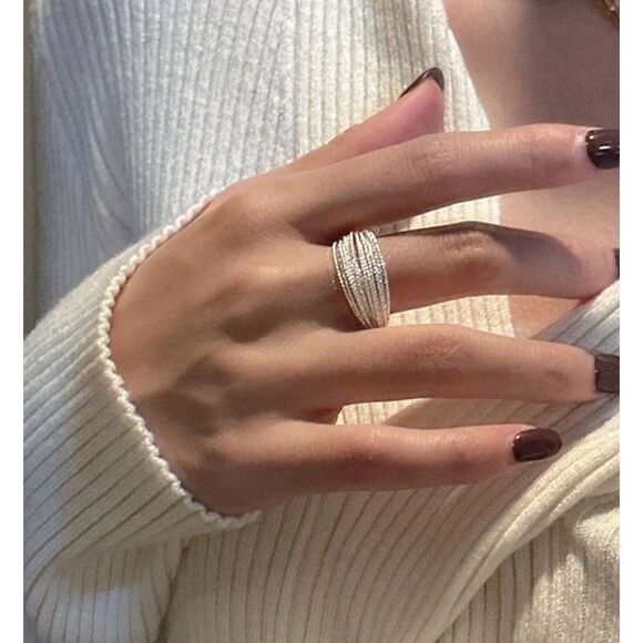 Silver Multi Layer Look Stack Ring Asymmetrical Open Back Wide Trendy Adjustable - Picture 2 of 6
